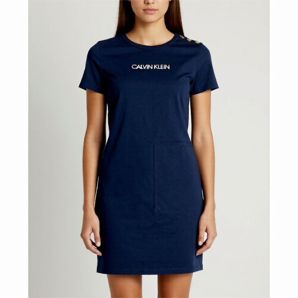 Calvin Klein Size Small Medium TShirt Dress Navy Blue Stretch Crew Short Sleeve
